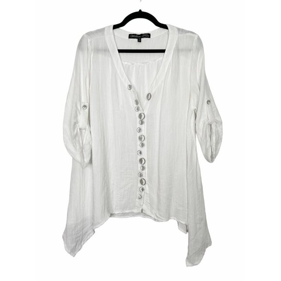 Willow Tree Linen Button Front Top White Shark Bite Hem Lagenlook Boho Size 12 - Picture 1 of 9